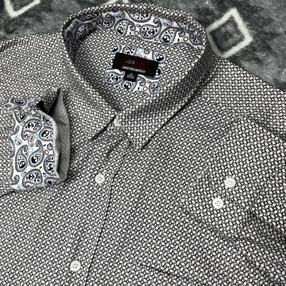 Johnston & Murphy J&M Flex Shirt Mens XL Black White Skull Paisley Trim Stretch